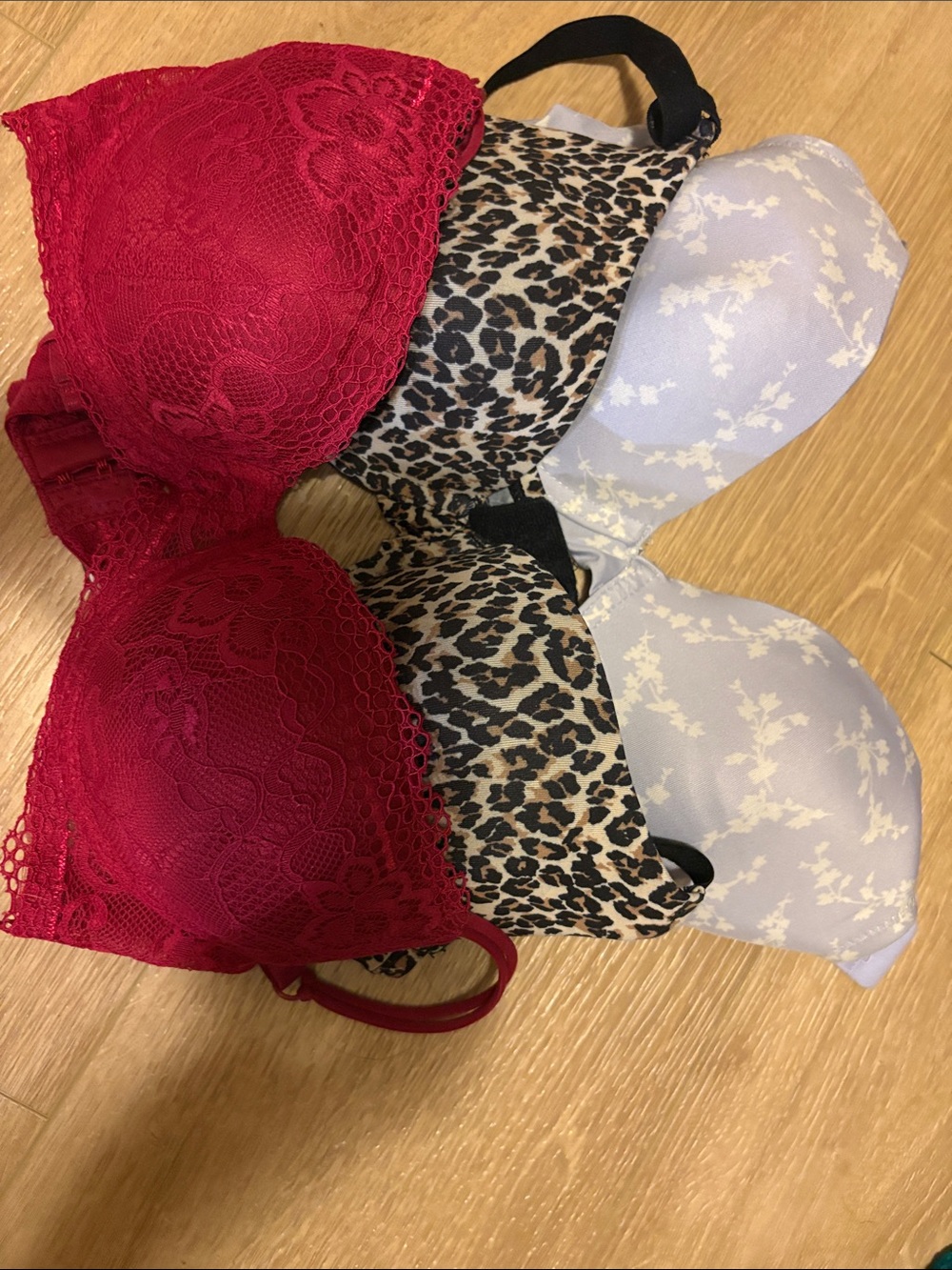 3 bras 34A Women’s Lace & Printed Bras Pack - Red, Leopard, Light Blue